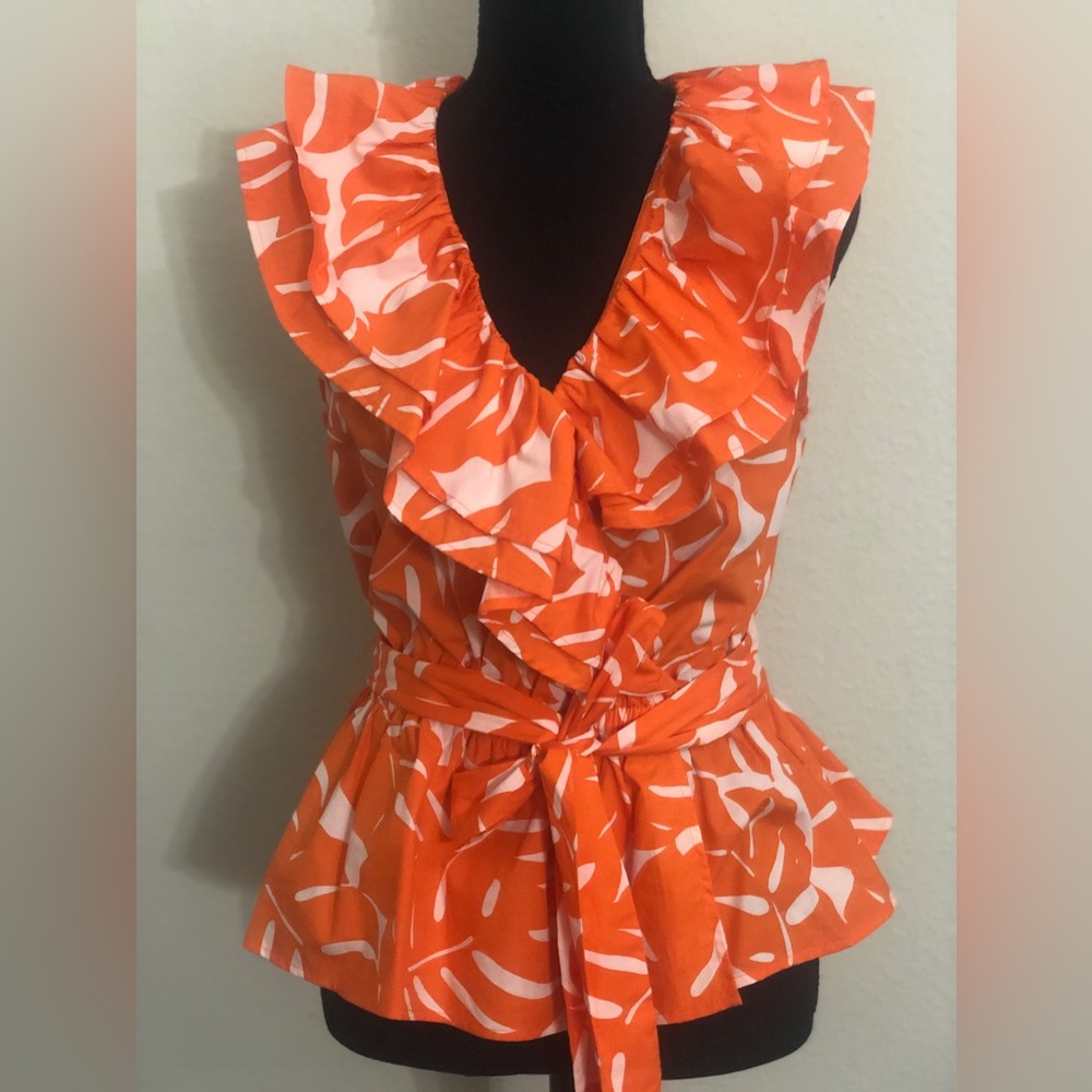 Who What Wear OrangeTropical Print Sleeveless Faux Wrap Top